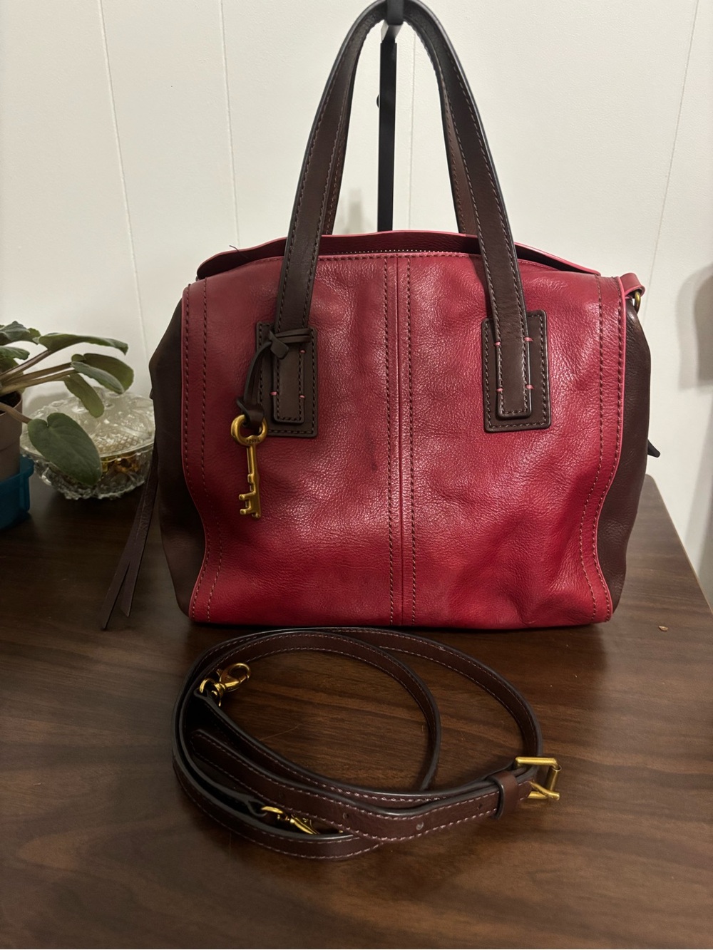 Fossil Two-Tone Red and Brown Leather Satchel / crossbody with Gold Key Charm
